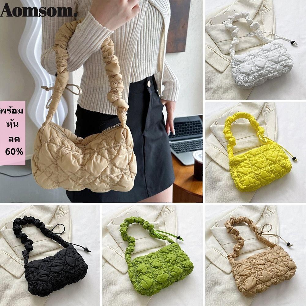Aomsom กระเป๋าสะพายไหล่ กระเป๋าถือ ทรงเมสเซนเจอร์ แต่งจับจีบ สีพื้น หรูหรา สําหรับสตรี