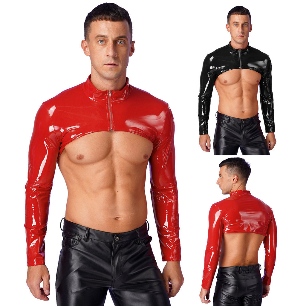 Kvysinly Mens สิทธิบัตรหนัง Crop Top Stand แขนยาวด้านหน้าซิปแขนแขน Shrug Slim Top แสดงกล้ามเนื้อ Clubwear