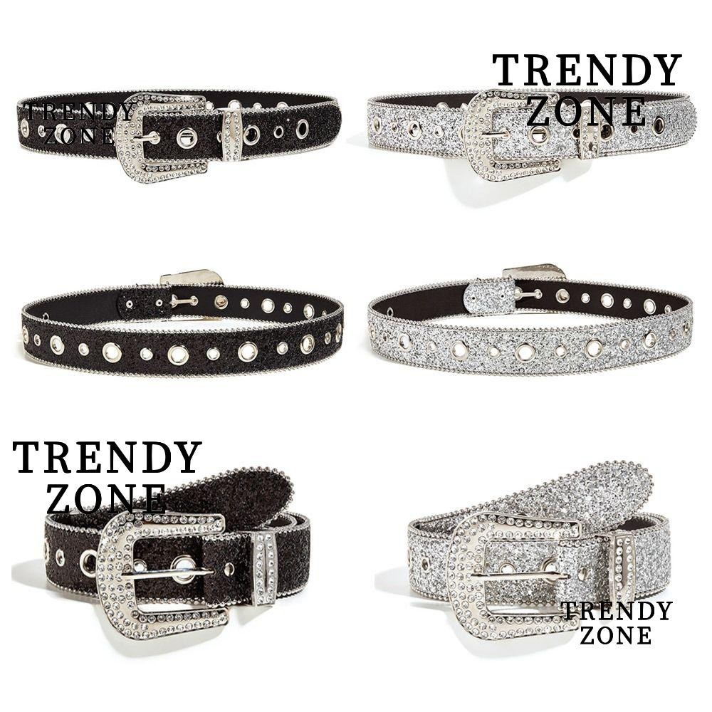 Trendyzone เข็มขัดหนัง PU ประดับกลิตเตอร์ พลอยเทียม แฟชั่น