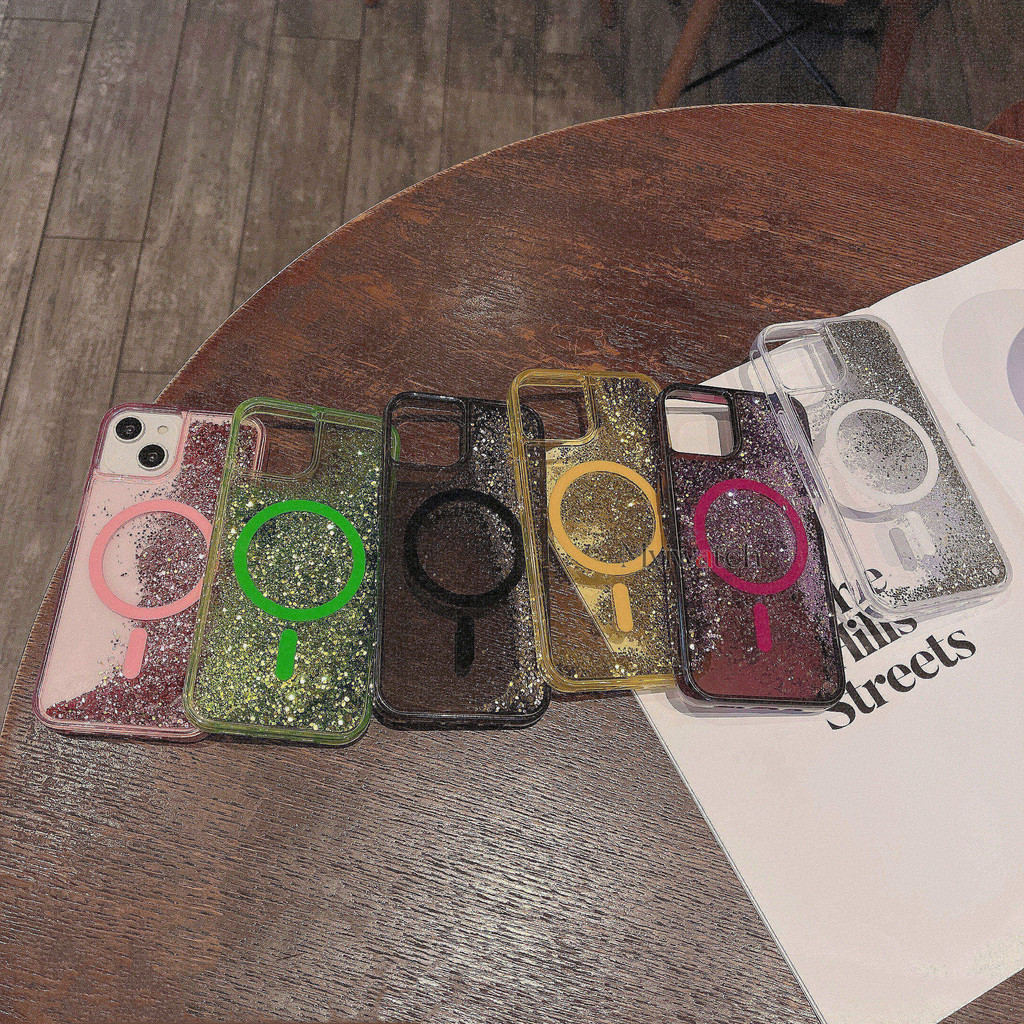 เคสทรายดูดผงประกายใส สําหรับ ไอโฟน 16 15 14 13 12 11 มือโปร สูงสุด 14 15 บวกการออกแบบดูดแม่เหล็กครอบคลุมเต็มรูปแบบ รูขนาดใหญ่ออกแบบรูกระจกป้องกันการตกฝา