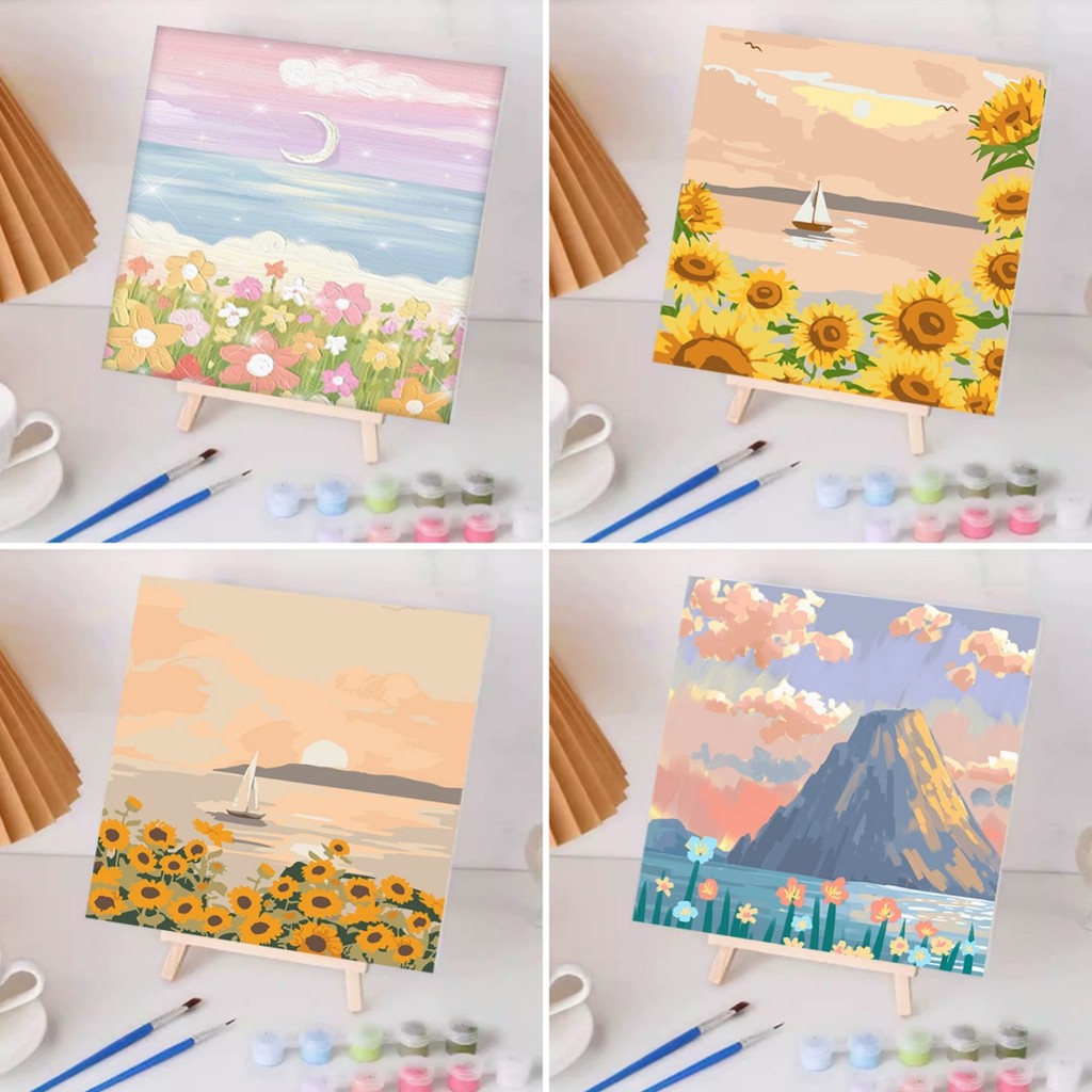 [มีกรอบ] จิตรกรรมดิจิตอล 20*20ซม.DIY Paint by Numbers พระอาทิตย์ขึ้นและตก ระบายสีตามเลข การทำสมาธิ ของขวัญ
