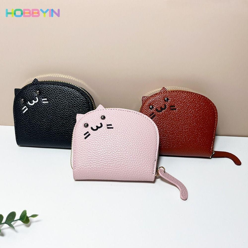 HOBBYIN กระเป๋าสตางค์ หนัง PU ขนาดเล็ก ลายการ์ตูนแมวน่ารัก สีพื้น สําหรับใส่บัตรประจําตัวประชาชน