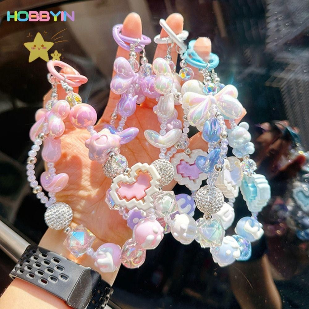 HOBBYIN จี้ตกแต่งกระเป๋า เมลีน จี้โซ่เชือกเส้นเล็กโทรศัพท์หัวใจคริสตัลลูกปัดหลากสีเครื่องประดับแขวนอะคริลิค