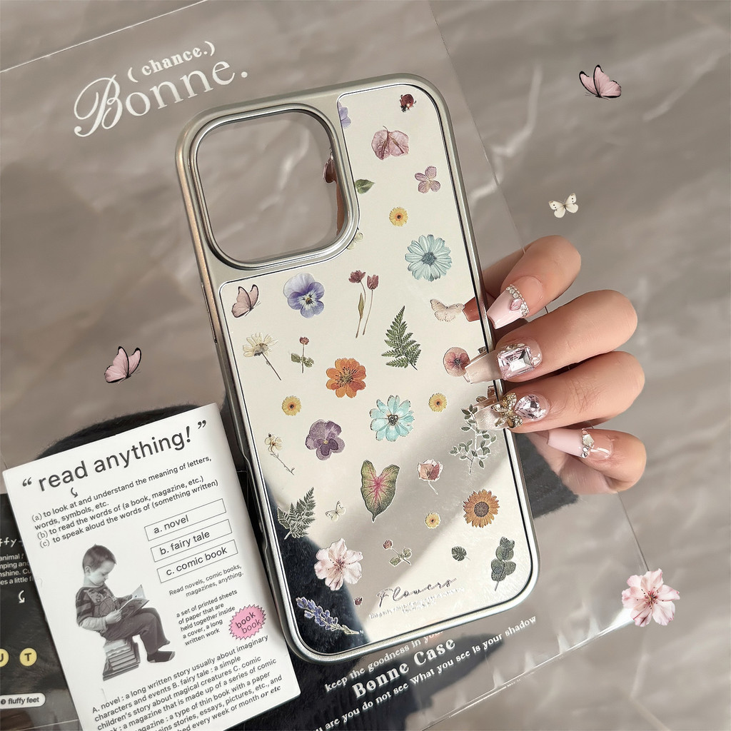 เคสกระจกกรอบชุบด้วยไฟฟ้าลายดอกไม้สดขนาดเล็กสําหรับ ไอโฟน 13 14 15 16 มือโปร สูงสุด