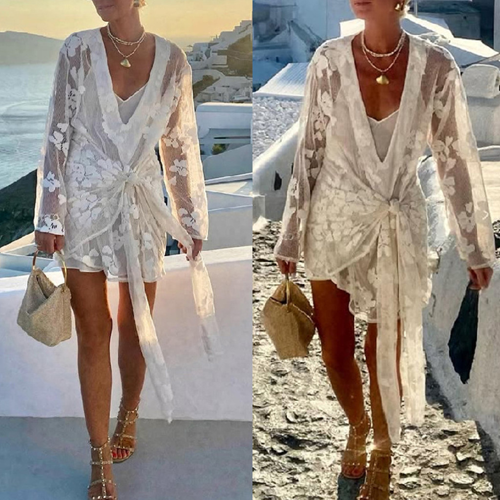 VCF ผู้หญิงบิกินี่ COVER-Up V คอยาวแขนยาวดูผ่านเย็บปักถักร้อยดอกไม้รูปแบบ Lace-Up รายละเอียดชุดว่ายน