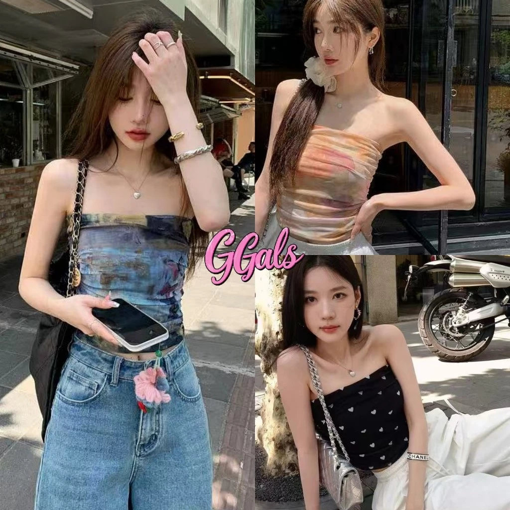 🌺GGals​🌺​เสื้อเกาะอก มีฟองน้ำ พิมพ์ลาย เสื้อครอปแขนกุด สไตล์เกาหลี สวยๆ เซ็กซี่ ใส่สบาย ส่งไวจากไทย