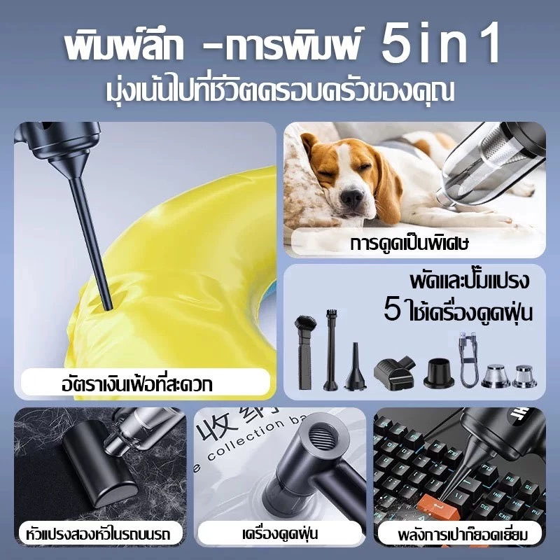 เครื่องดูดฝุ่นไร้สาย 999999Pa สำหรับรถยนต์ 7 หัวฉีด thumbnail 6