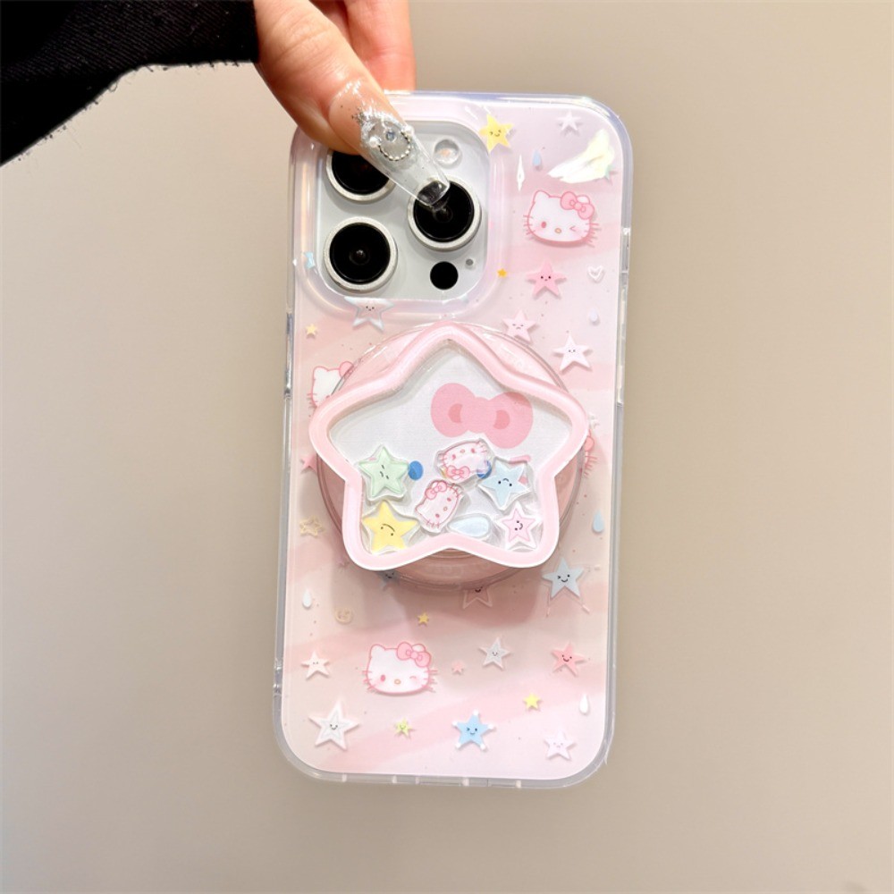 Iphone 14 Pro Max Casing เกาหลีน่ารักสีชมพู Hello Kitty Magnetic Phone Holder Case Premium กันกระแทก IMD Case สําหรับ IPhone 16 15 14 13 Pro Max