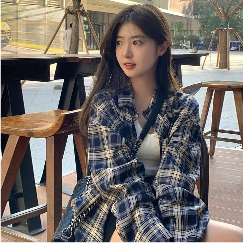 Lune_Grace -พร้อมส่ง-เสื้อเชิ้ตแขนยาวลายสก๊อต คอปกสีน้ำเงินแฟชั่นเกาหลีสไตล์วีนเทจ W270#