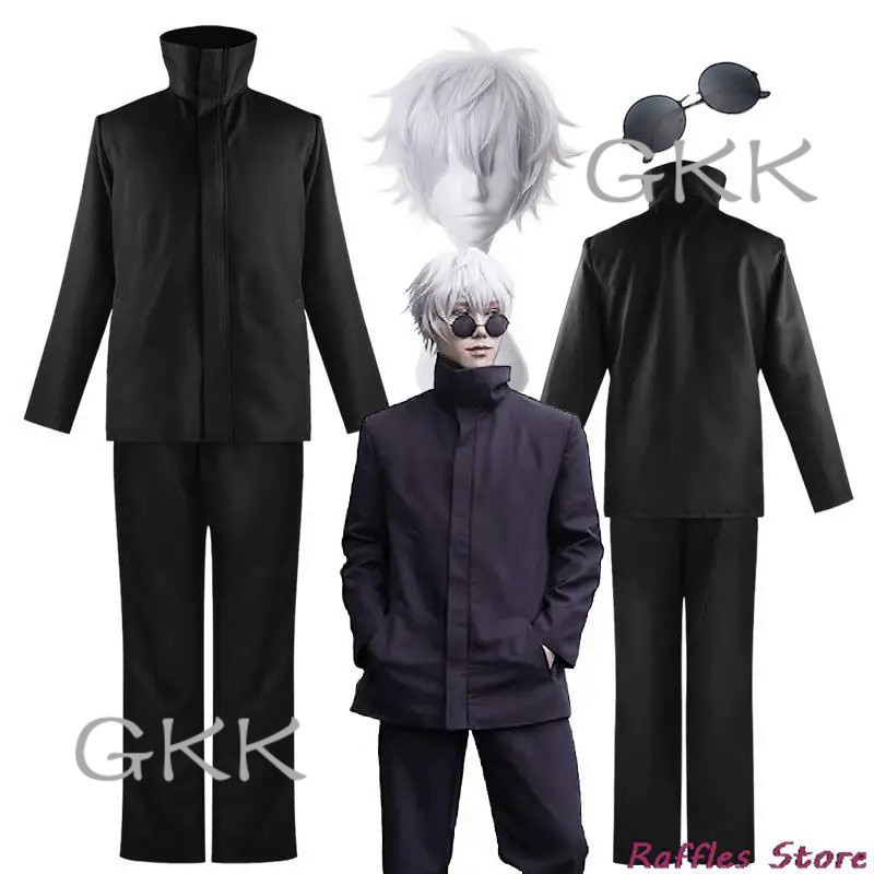 GK Anime Jujutsu Kaisen Gojo Satoru Cosplay Costume Uniform Gojo Satoru Black Clothes Wig Glasses Su
