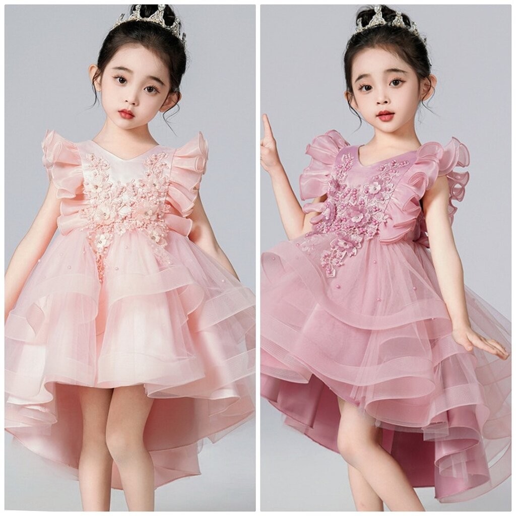 Gd3954- พร้อมส่งจากไทย ชุดออกงานเด็กหญิงสีชมพู ปักแต่งระบายสวยสุดน่ารัก ชุดราตรีเด็กทรงหน้าสั้น-หลังยาวแบบเดรสหางปลา ...