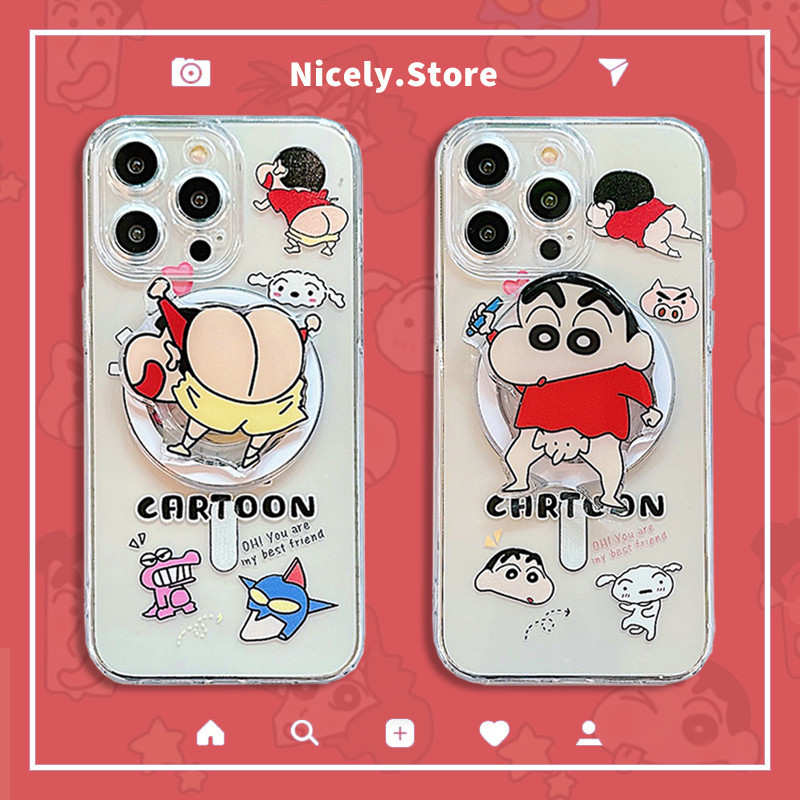เคสโทรศัพท์มือถือ TPU ไร้สาย กันกระแทก ลายการ์ตูนชินจังตลก พร้อมขาตั้งแม่เหล็ก สําหรับ iPhone 15 14 Plus 13 12 Pro Max 11 11Promax