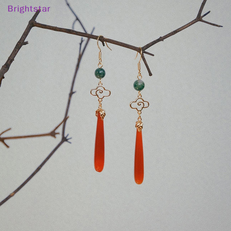 Brightstar 1 คู่ สไตล์จีน ที่ไม่ซ้ํากัน หยกเทียม ต่างหูหยกยาว สําหรับผู้หญิง วินเทจ หรูหรา หูหนีบ แฟชั่น คลาสสิก เครื่องประดับ ของขวัญใหม่