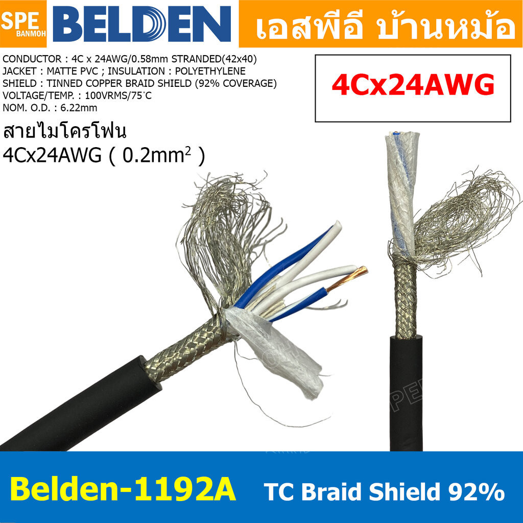 [ 1เมตร ] Belden 1192A สายสัญญาณ Belden 4Conductor 4Cx24AWG 0.2 sq.mm Microphone Cable 4C Braid Shie