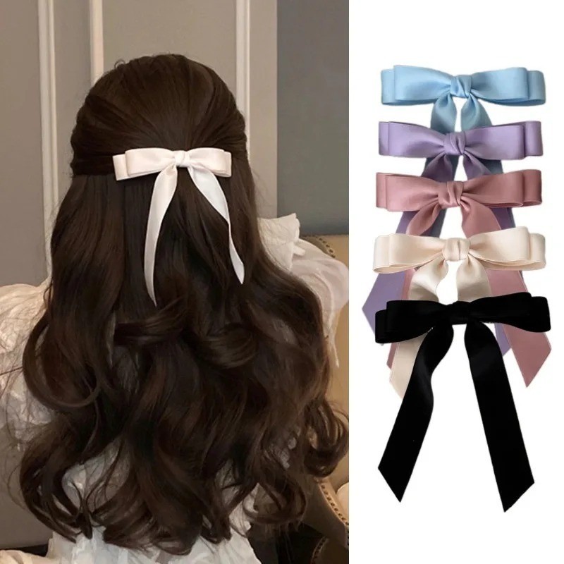 กิ๊บติดผม ริบบิ้นโบว์ สีดํา สีขาว แฟชั่นสําหรับผู้หญิง