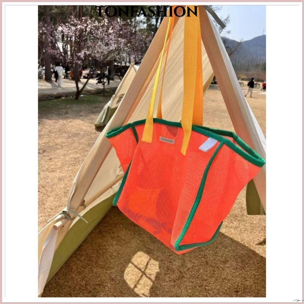 Tonfashion กระเป๋าชายหาด ตะกร้าตาข่าย จัดเก็บของเล่น ความจุขนาดใหญ่ สีตัดกัน กระเป๋าสะพายไหล่ข้างเดียว กระเป๋าผ้าอ้อม ฤดูร้อน