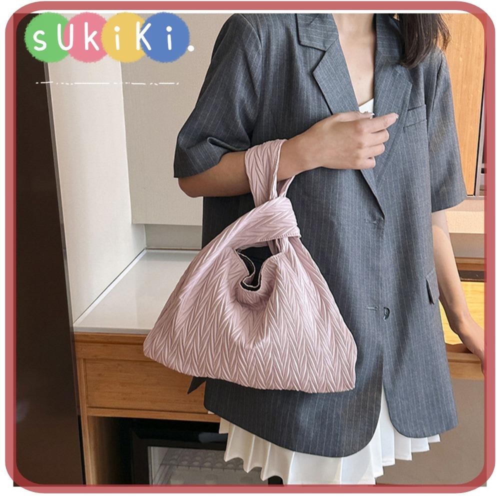 Sukiki กระเป๋าถือ กระเป๋าเดินทาง หนัง Pu ขนาดเล็ก สีพื้น ลําลอง แบบดึง ลายใบหลิว
