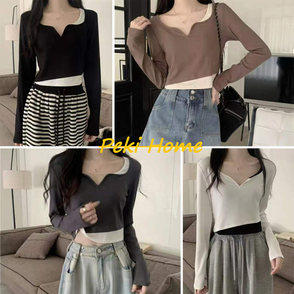 เสื้อครอปแขนยาว แต่งเสื้อกล้ามด้านใน คอวี สไตล์เกาหลี ญี่ปุ่น ใส่เที่ยวคาเฟ่ แมตซ์ได้ทุกลุค