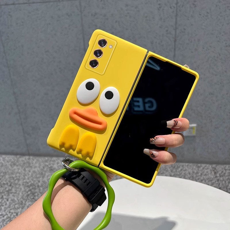 SAMSUNG แฟชั่นน่ารักการ์ตูนตลกเป็ดปากใหญ่สีเหลืองเคลือบผิวโทรศัพท์กรณีมือผู้ถือแหวนสําหรับ ซัมซุง กาแลคซี Z พับ 8 พิเศษ 7 6 5 4 3 2 5ก ป้องกันฮาร์ดปก