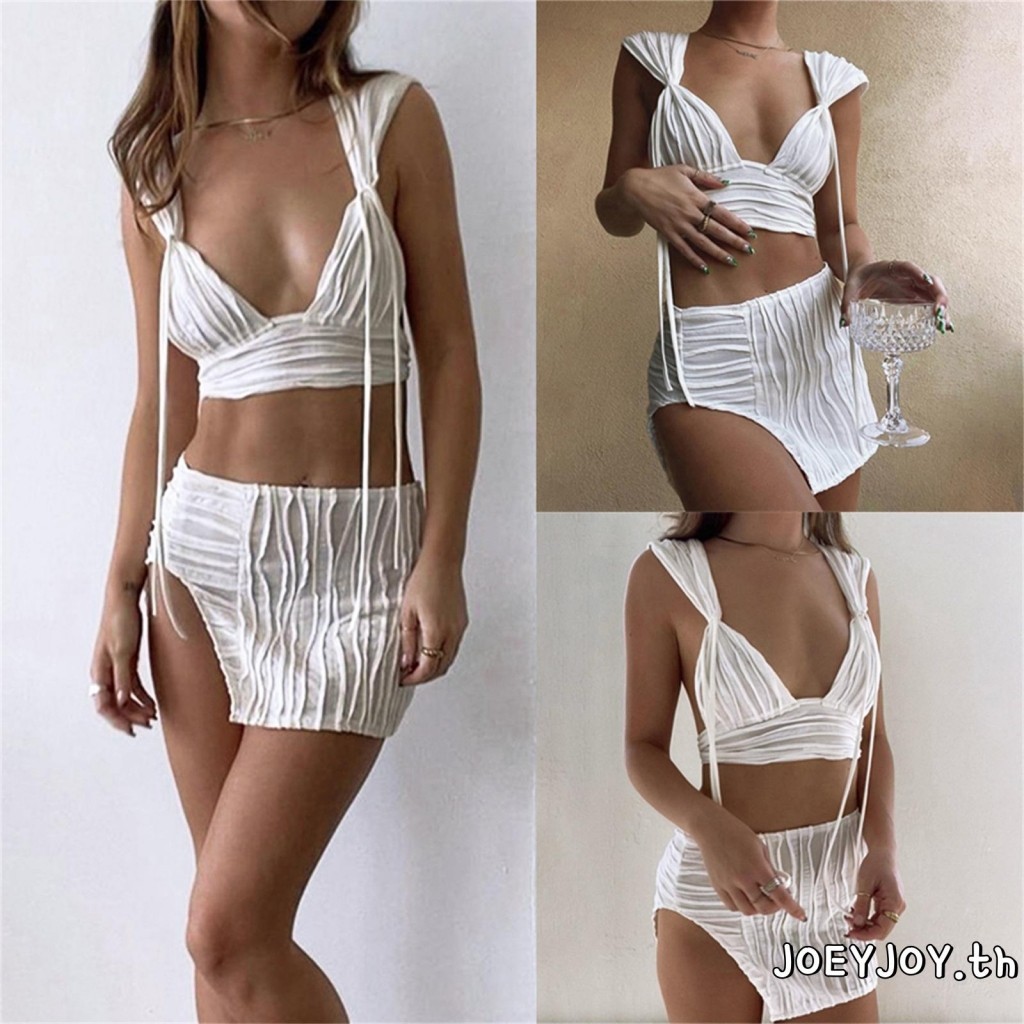 Joeyjoy-ชุดสตรีฤดูร้อน 2 ชิ้นเสื้อกล้ามแขนกุดเปลือย + กระโปรง Ruched ไม่สม่ําเสมอ
