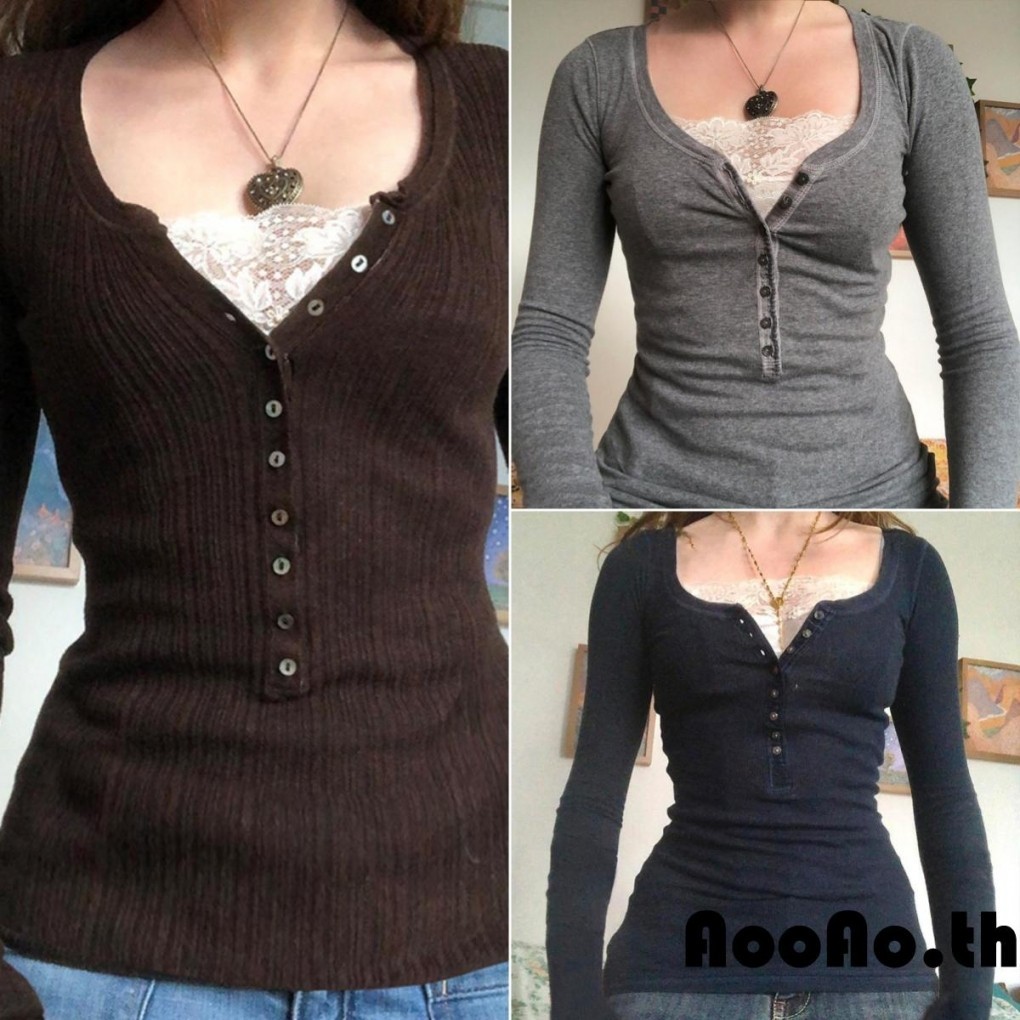 Aooao-เสื้อเชิ้ต แขนยาว ลูกไม้ เย็บปะติดปะต่อกัน กระดุม แบบสวมหัว สําหรับผู้หญิง