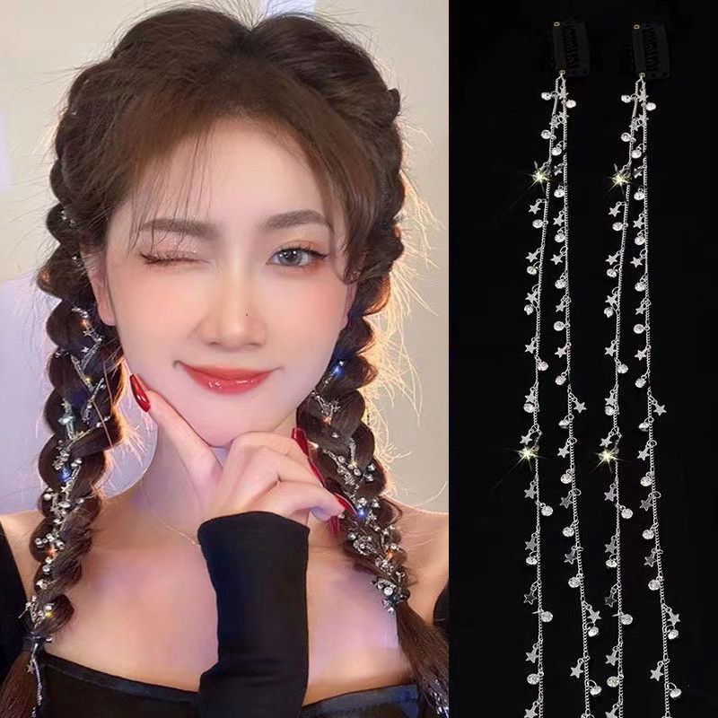 ห่วงโซ่ พลอยเทียม สไตล์คนดังที่คาดผมถักผมหางม้าประดับดาวกิ๊บเครื่องประดับผมฤดูร้อนหญิง