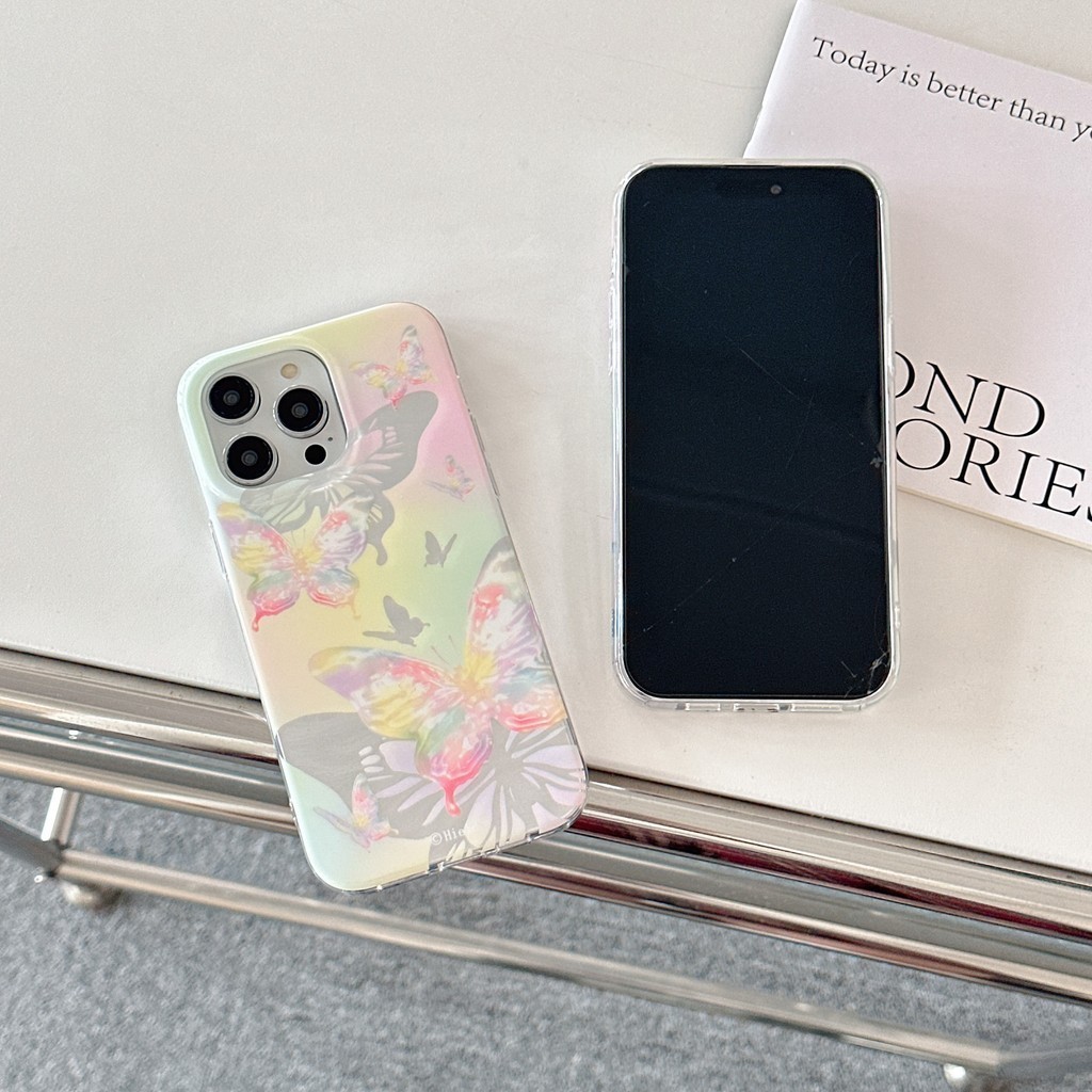 เคสโทรศัพท์มือถือ ลายผีเสื้อ สองด้าน สีชมพู สําหรับ iPhone 15 14 Pro Max 13 12 Pro Max 11