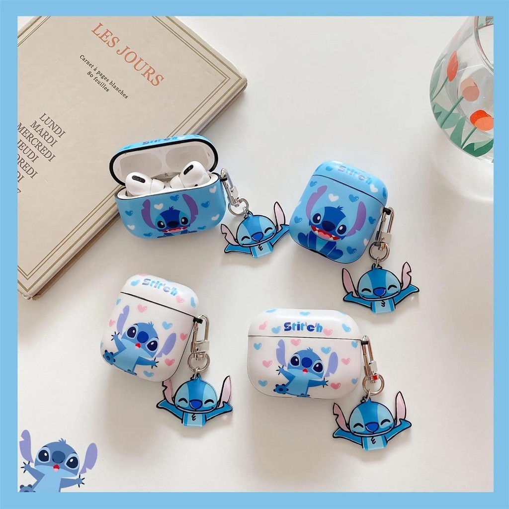 เคสหูฟังบลูทูธ ซิลิโคน ลายการ์ตูน Stitch น่ารัก สีฟ้า สีขาว พร้อมจี้ สําหรับ Apple Airpods 1 2 3 Pro 2