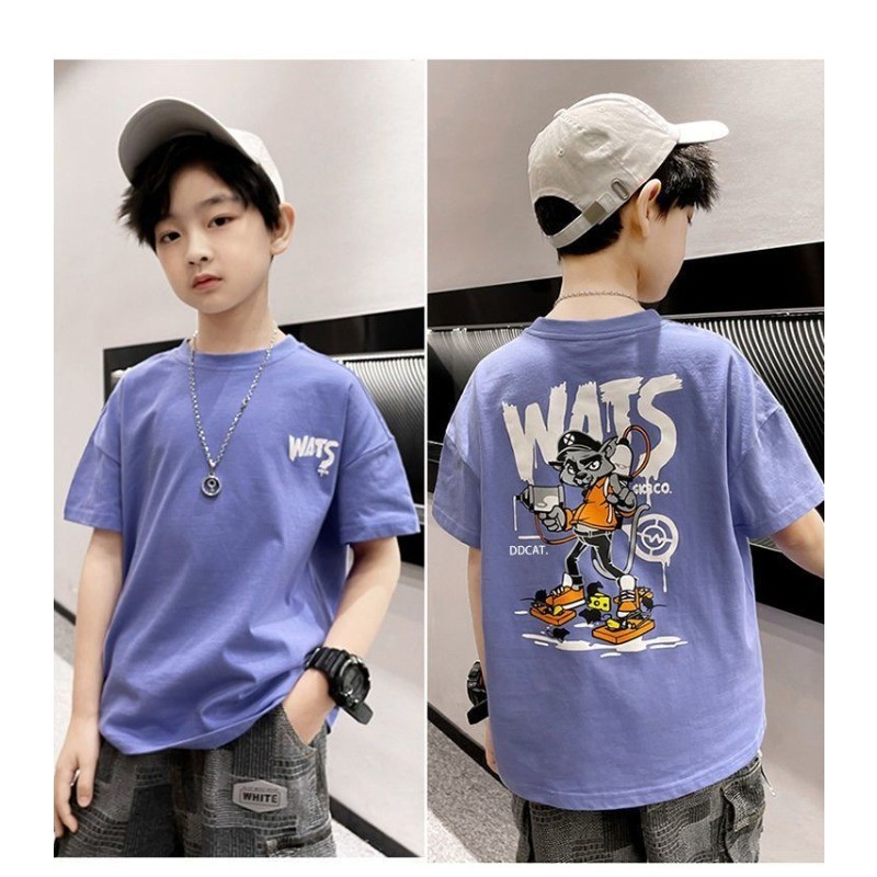 [Teens Tshirt](15-50kg) Cotton Boy Top Short Sleeves Cool T Shirt Cartoon Print Loose Fashion Kid Wear