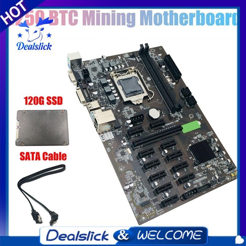 【Dealslick】B250 Btc เมนบอร์ดขุดเหมือง พร้อมสายเคเบิล SSD+SATA 120G 12X LGA 1151 DDR4 USB3.0 SATA3.0 สําหรับไมเนอร์ BTC