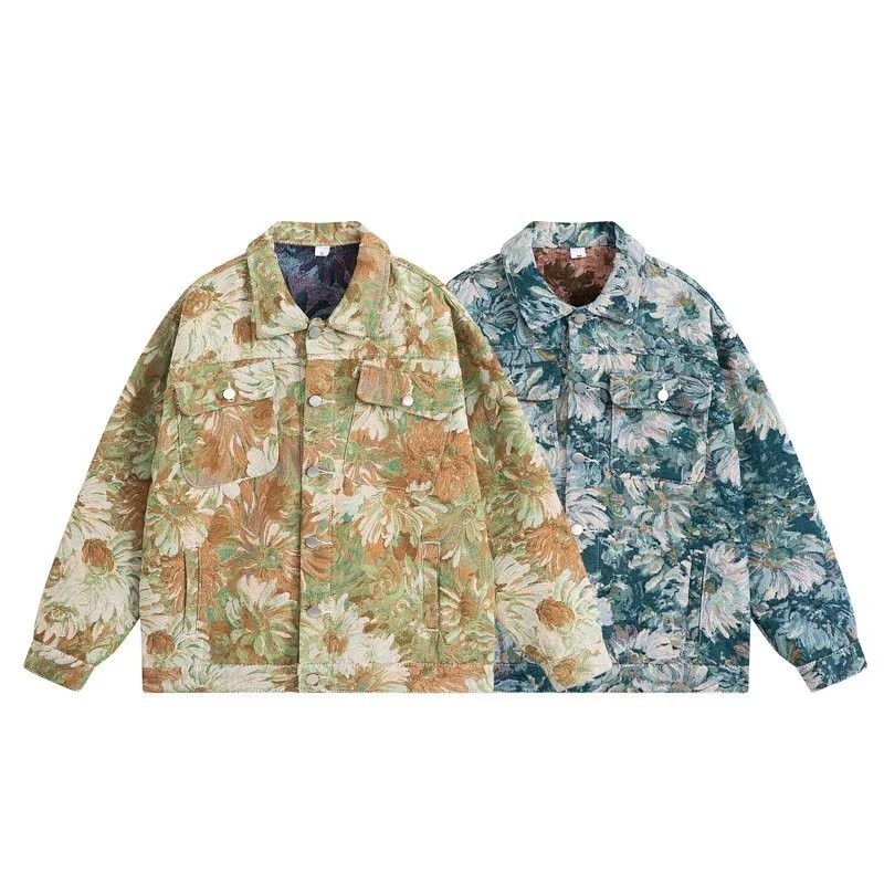 เสื้อแจ็กเก็ตยีนเบสบอลลําลอง แบบบาง พิมพ์ลายดอกเดซี่ ขนาดเล็ก ระดับไฮเอนด์ แฟชั่นคู่รัก สําหรับผู้ชาย