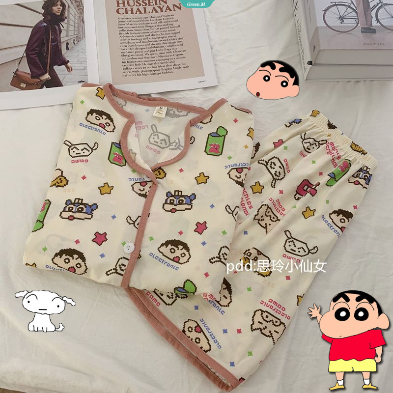ชุดนอนเสื้อแขนสั้น กางเกงขาสั้น ลายการ์ตูนชินจังน่ารัก สไตล์ญี่ปุ่น เหมาะกับฤดูร้อน สําหรับหอพักนักเรียน [GM] สองชิ้น