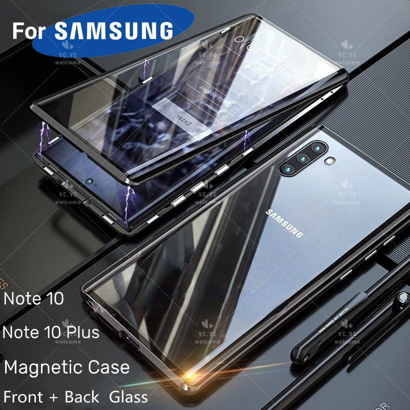 เคสโทรศัพท์มือถือกระจกนิรภัยแข็ง แบบฝาพับแม่เหล็ก สองด้าน ป้องกัน 360 องศา สําหรับ Samsung Galaxy Note 10 Plus Note10Lite