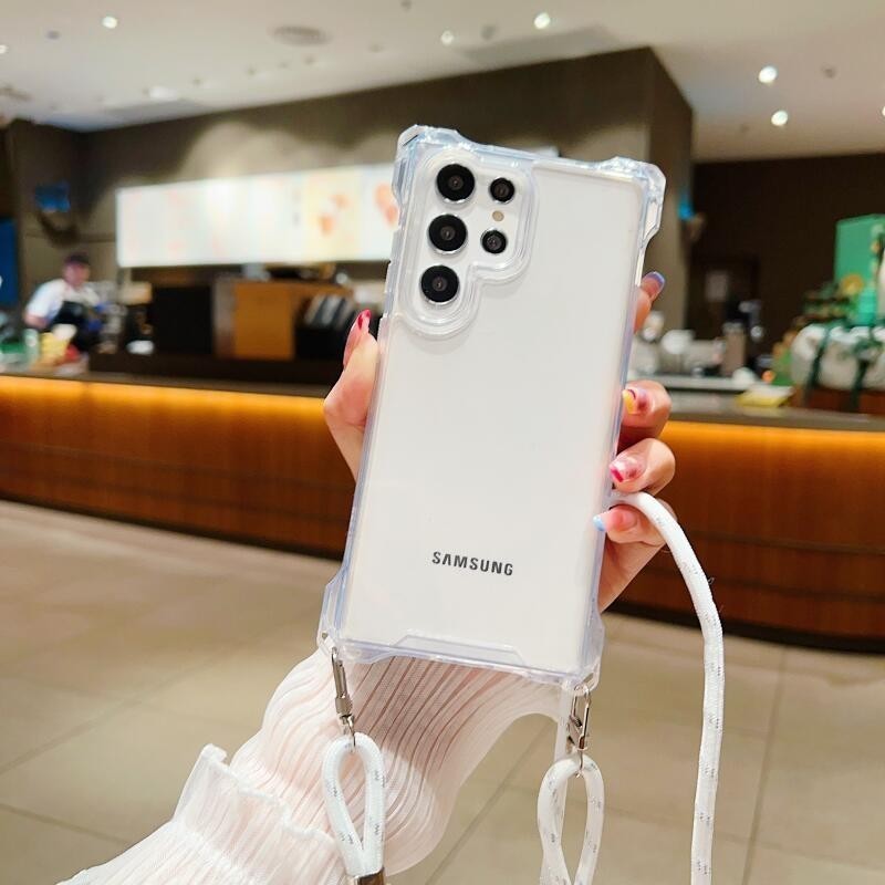 เคสโทรศัพท์มือถืออะคริลิคใส แบบแข็ง กันกระแทกสี่มุม หรูหรา พร้อมสายคล้อง สําหรับ Samsung S24 S23 Ultra Plus S22Ultra A55 A15 A54 A34 A14 A53 A33 A13