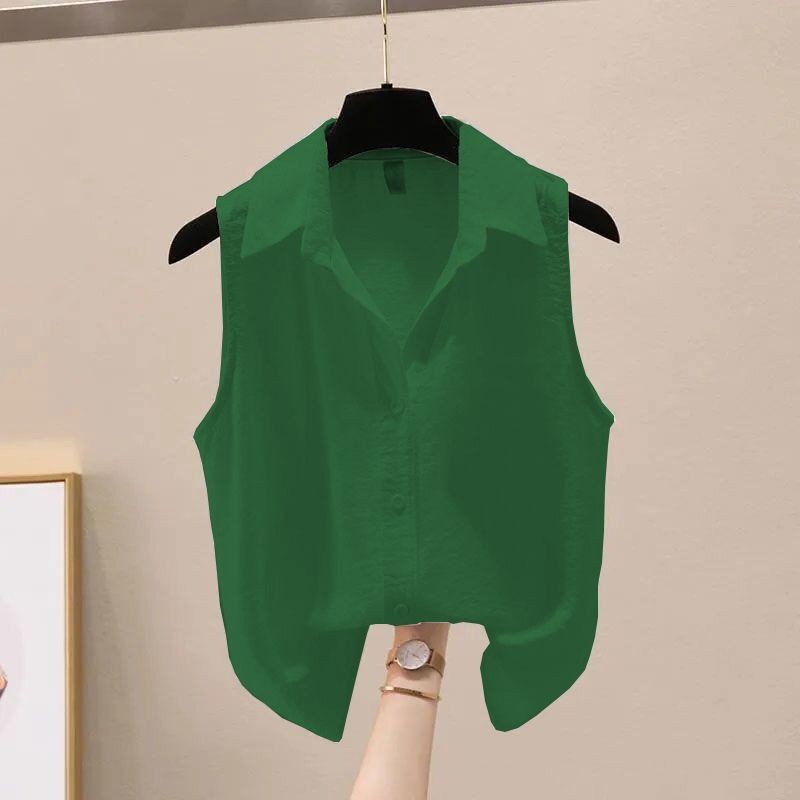 เสื้อเชิ้ตแขนกุด ผ้าชีฟอง เข้ารูป เข้ากับทุกการแต่งกาย สไตล์เกาหลีตะวันตก แฟชั่นฤดูร้อน 2024