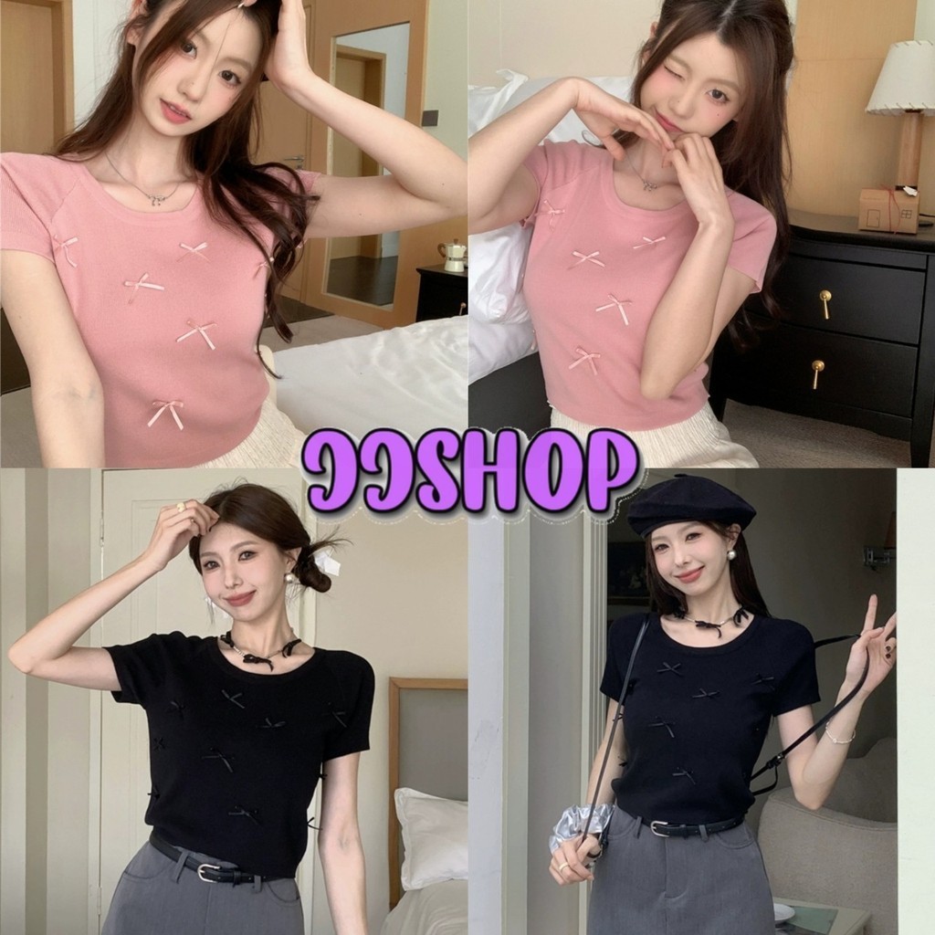 JJ Shop​ ​พร้อมส่ง เสื้อไหมพรมแขนสั้น คอกลม ติดโบว์น่ารักมาก "N08"