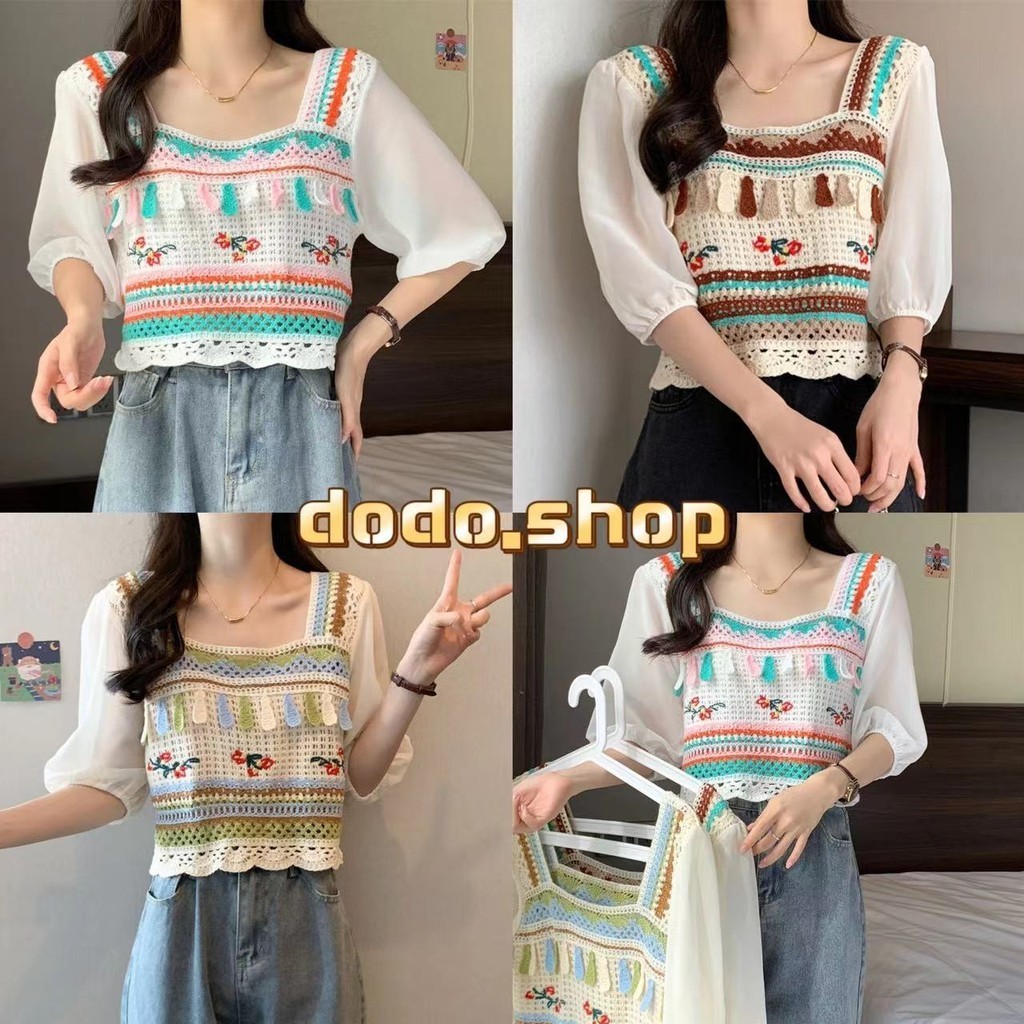 DODO✨พร้อมส่ง✨เสื้อถักไหมพรม คอเหลี่ยม เสื้อถักไหมพรม แขนสั้นผ้าชีฟอง สีพาสเทลใส่สบาย(72026)