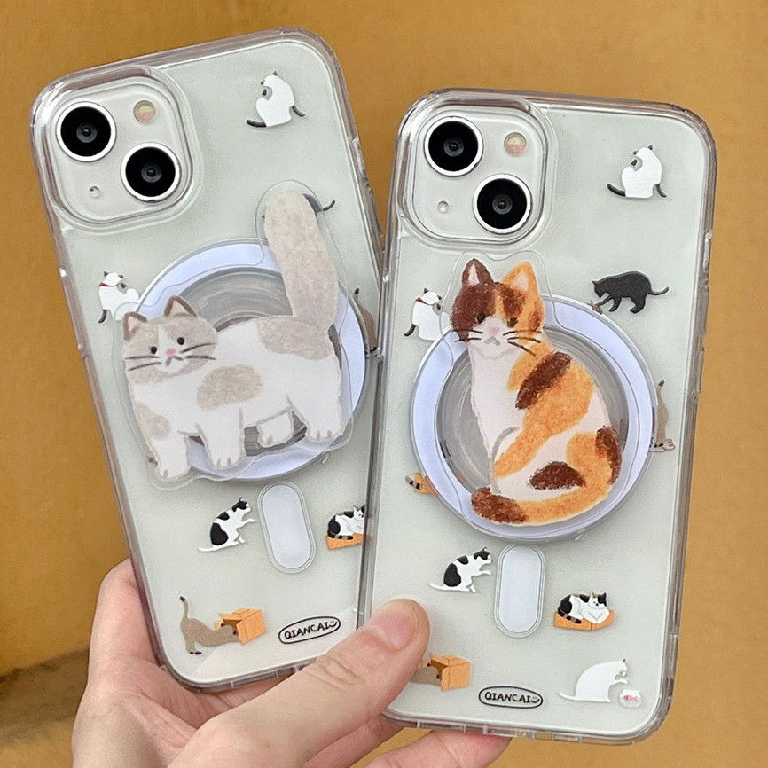 เคสโทรศัพท์มือถือ TPU กันกระแทก ลายแมวน่ารัก พร้อมขาตั้งแม่เหล็ก สําหรับ iphone 11 12 13 14 15 Pro Max