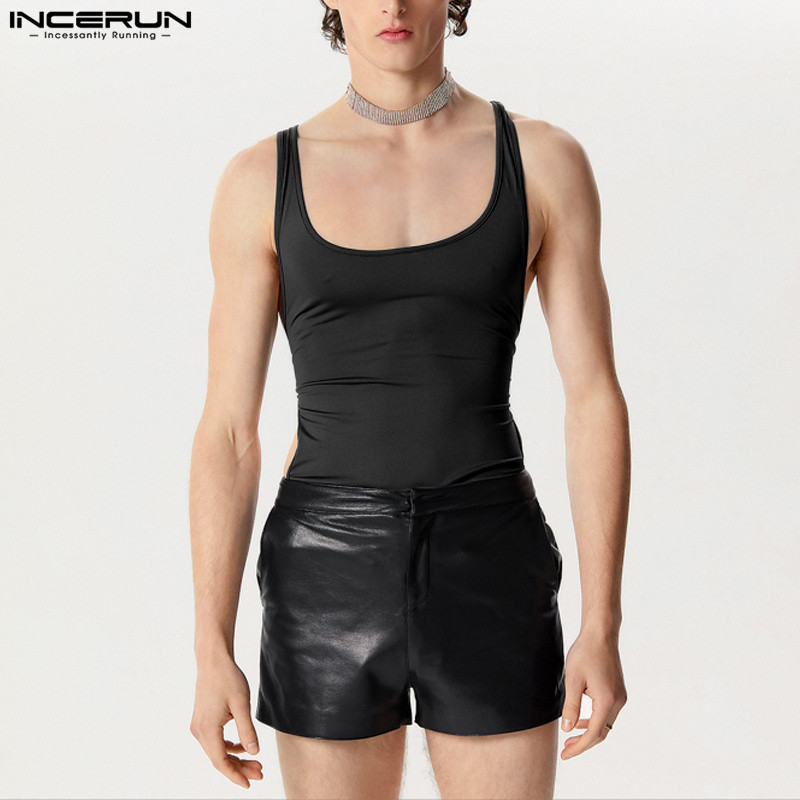 Incerun ชุดบอดี้สูท แขนกุด สีพื้น แฟชั่นสําหรับผู้ชาย
