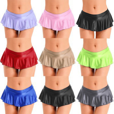 Linjinx Womens Glossy Ruffled กระโปรงสีทึบ Low Rise Miniskirt ชุดนอน Pool Party Beach บิกินี่ Bottoms Cover Ups