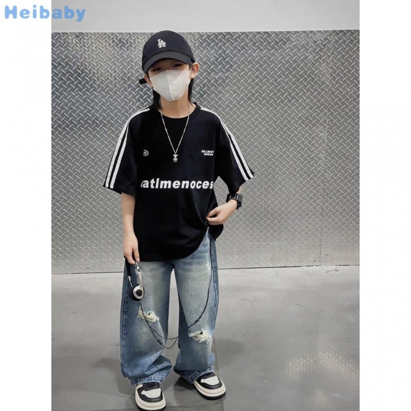 เสื้อยืดแขนสั้น ผ้าฝ้าย พิมพ์ลายตัวอักษร สไตล์เกาหลี สําหรับเด็กผู้ชาย 3-12 ปี