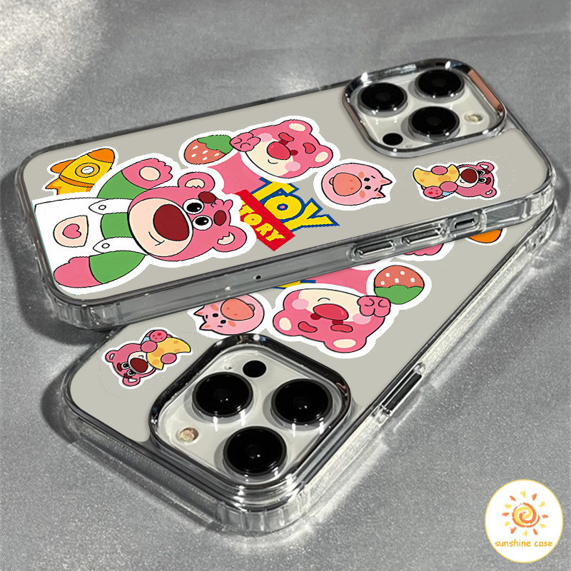 เคสโทรศัพท์มือถือกรอบรูปโลหะใสหมีสตรอเบอร์รี่ ไอโฟน11 For iPhone 11 12 13 14 15Pro MAX X XS XR XS 6 7 8Plus เคสโทรศัพท์