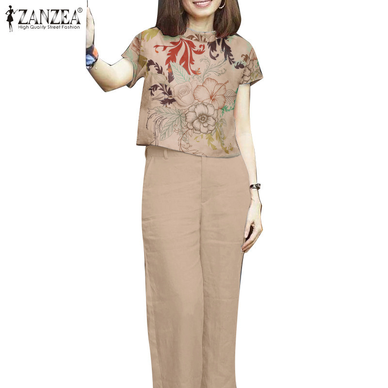 Zanzea เสื้อแขนสั้น คอปก มีซิป พิมพ์ลายดอกไม้ สไตล์วินเทจ สําหรับผู้หญิง