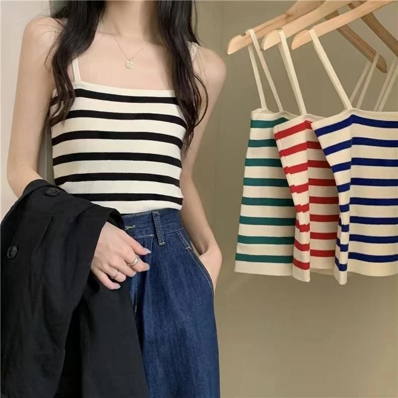 เสื้อสายเดี่ยว ผ้าไหมพรม ลายทาง ใส่ฤดูร้อน น่ารักๆสุดๆ เทรนด์ยอดนิยม มี4สี พร้อมส่ง E-M0511