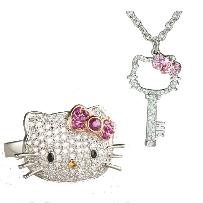 Japanese Anime Peripheral Hello Kitty Hello Kitty Kitty Cat Full Diamond Pendant Necklace Jewelry KT Cat Open Ring