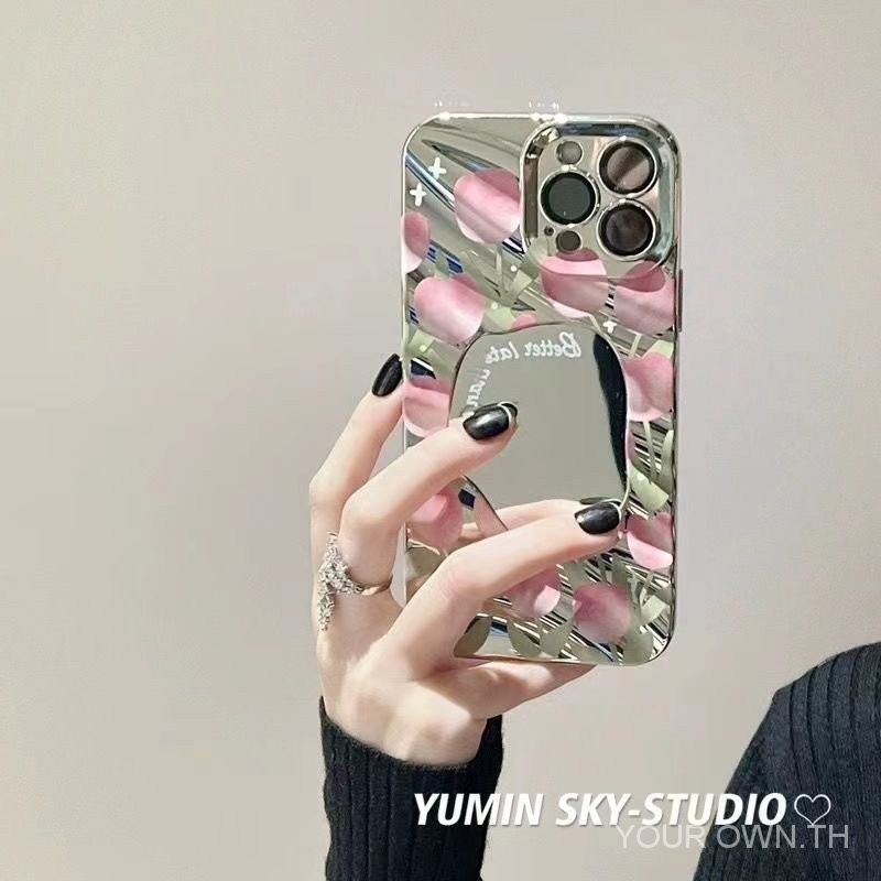 เคสโทรศัพท์มือถือกระจก ชุบลูกฟูก ลายดอกทิวลิป สีชมพู สําหรับ Apple Iphone 15PROMAX 13 7 14PLUS