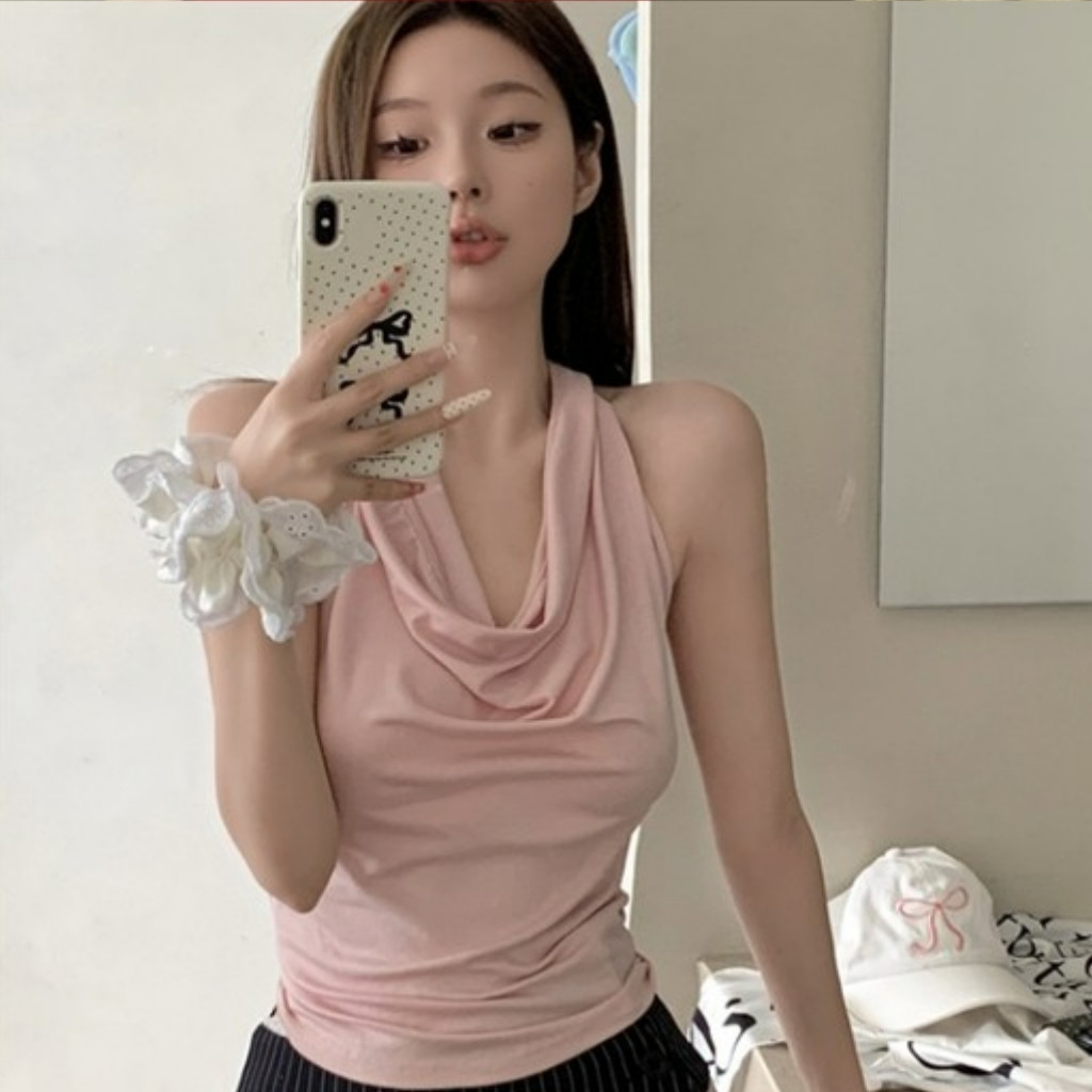 🌵GGals🌵เสื้อกั๊กสตรี สีพื้น คล้องคอ ผ้านิ่ม เสื้อครอป สไตล์เกาหลี เข้ารูป ใส่สบาย เซ็กซี่ ส่งไวจากไทย#8K131 - รูปที่ 4