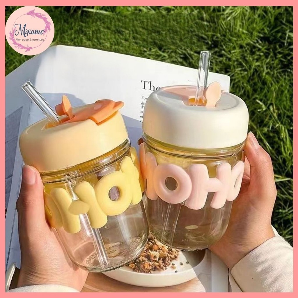 --MXM--แก้วใส่น้ำ พร้อมหลอดแก้ว  350ML น่ารัก #W-0004