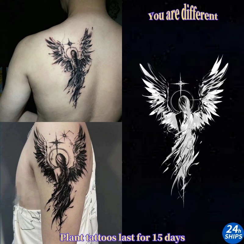 รอยสักลายนางฟ้าปีกคู่สาวเซ็กซี่แขนพืชสักสติกเกอร์รอยสักกันน้ํายาวนาน15วันสติกเกอร์ผิวสักปลอมชั่วคราว