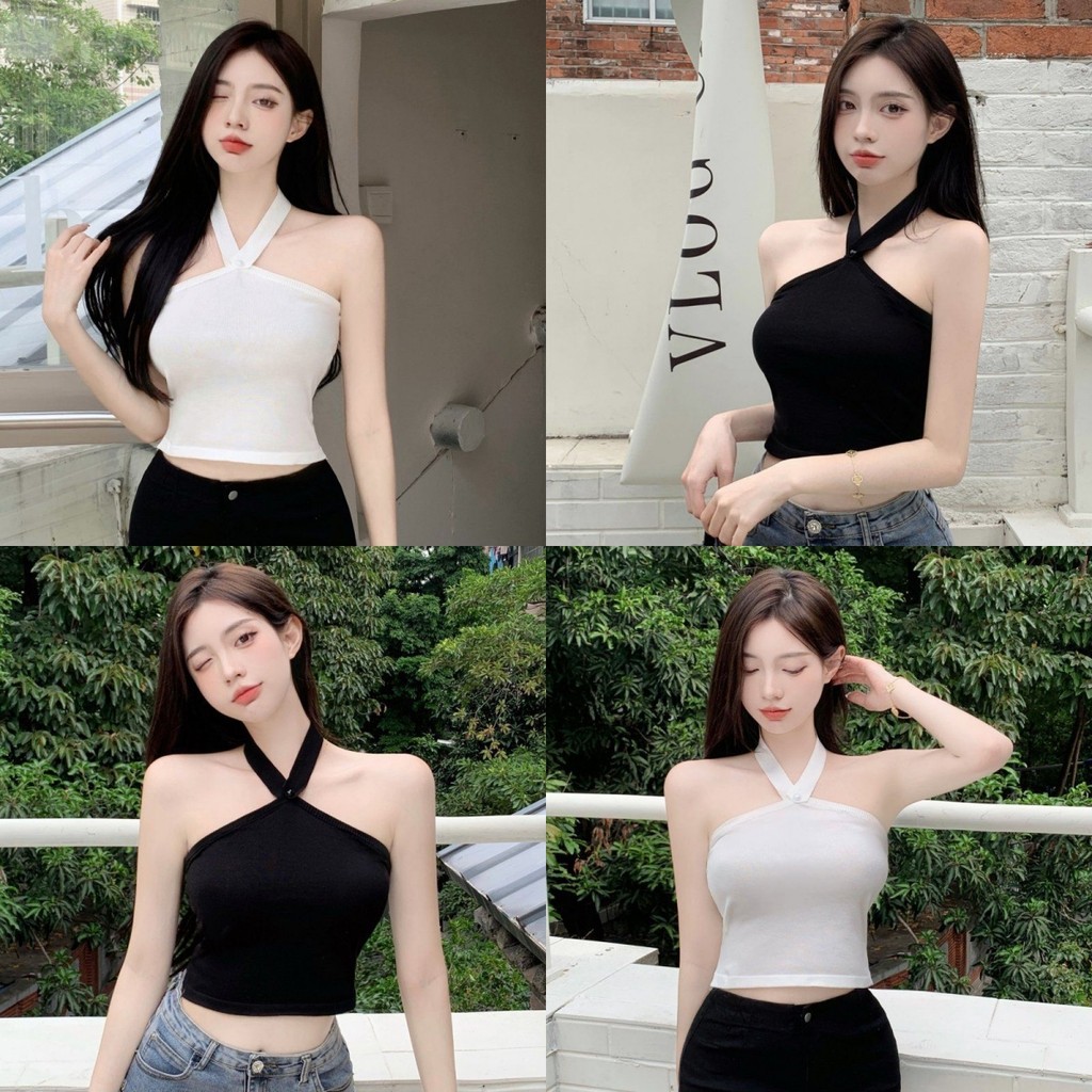 💫Soroh💫เสื้อกล้าม ไหมพรม คล้องคอ สีพื้นขาวดำ ผ้านิ่ม เข้ารูป☄️เสื้อครอป สไตล์ลำลอง ใส่สบาย🌌#86015